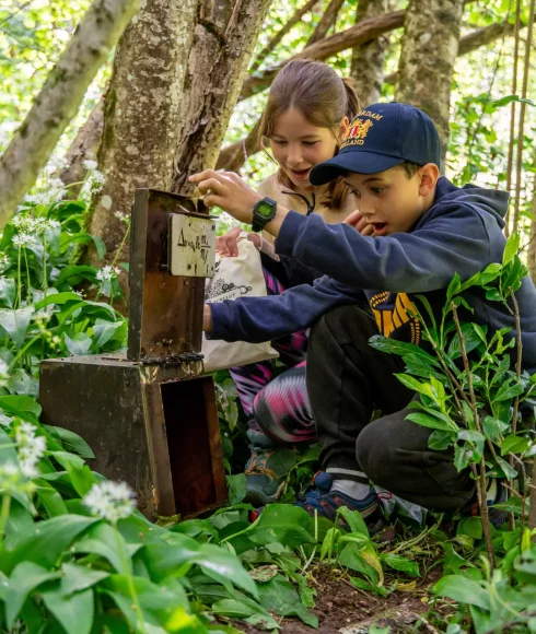 Enfants qui s'émerveillent devant un coffre et son énigme