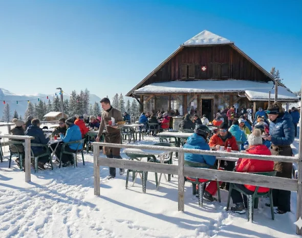 Le restaurant La Tanière à Agy sous la neige avec des personnes en terrasse